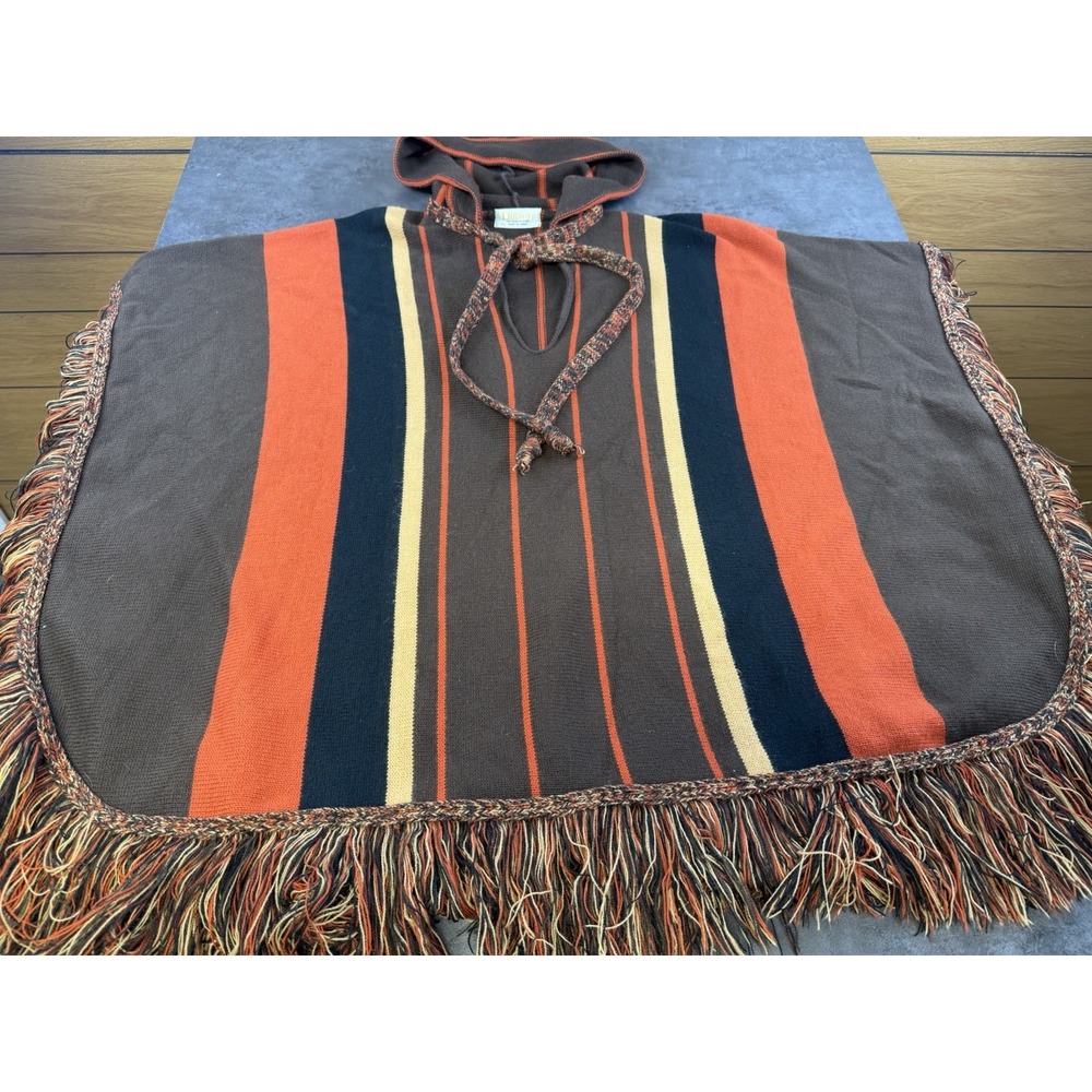 VTG 70's Dillards Cuddle Knit Hooded Striped Fringe Boho Poncho one size-CLEAN